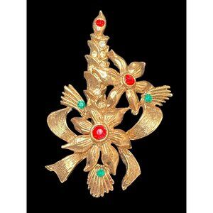 Vintage Signed Beatrix Gold Tone CandleStick Christmas Floral Brooch Rhinestones